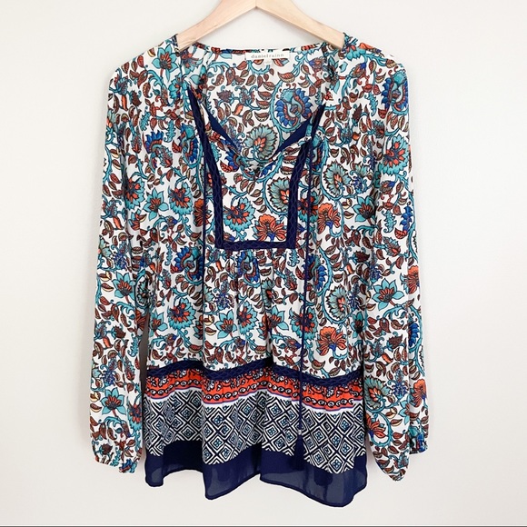 Daniel Rainn Tops - NWOT Daniel Rainn Boho Long Sleeve Blue Jacobean Floral Tunic Top - M